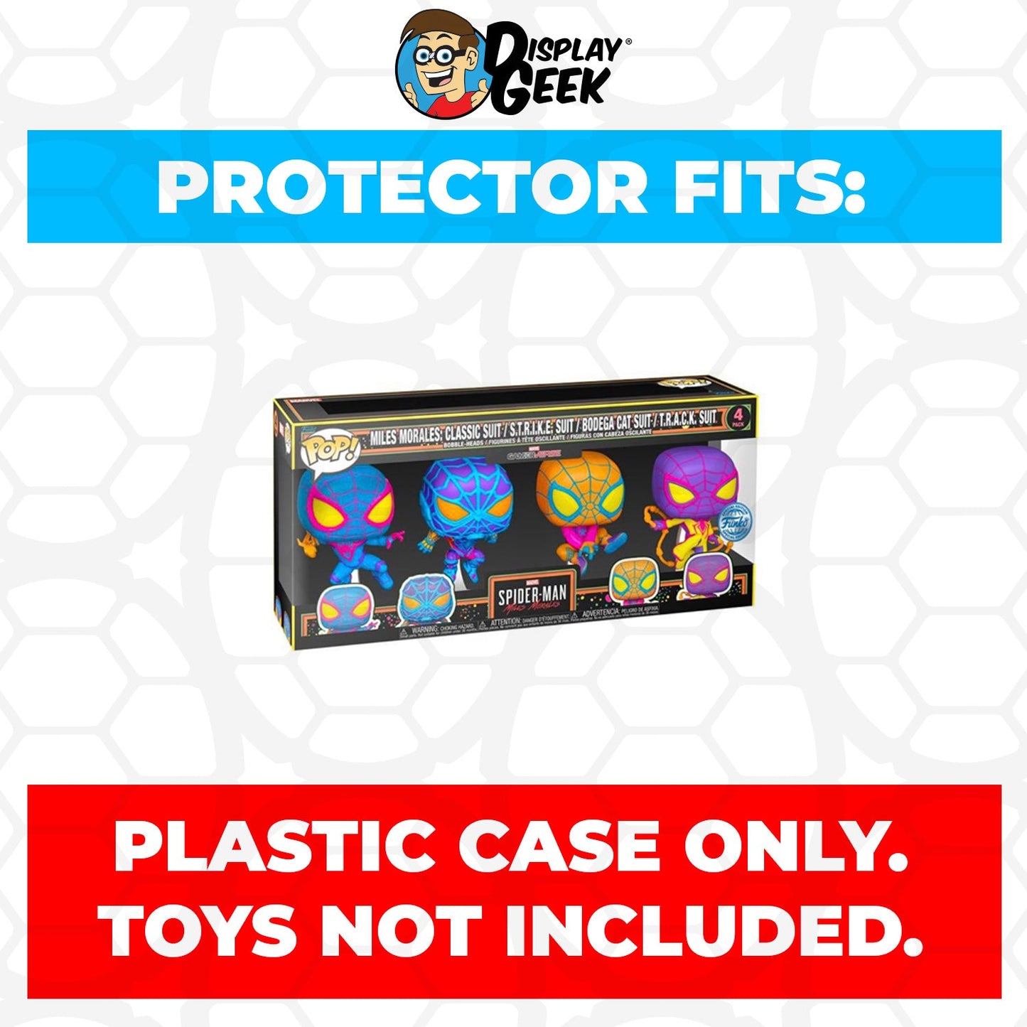 Pop Protector for 4 Pack Blacklight Miles Morales Classic Suit, S.T.R.I.K.E. Suit, Bodega Cat Suit & T.R.A.C.K. Suit Funko Pop on The Protector Guide App by Display Geek