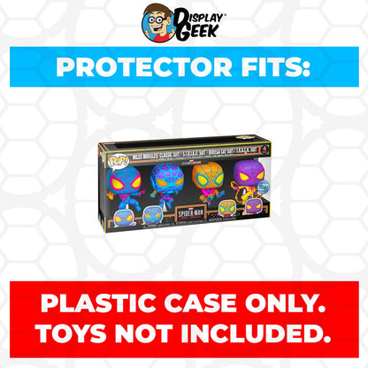 Pop Protector for 4 Pack Blacklight  Miles Morales Classic Suit, S.T.R.I.K.E. Suit, Bodega Cat Suit & T.R.A.C.K. Suit Funko Pop on The Protector Guide App by Display Geek