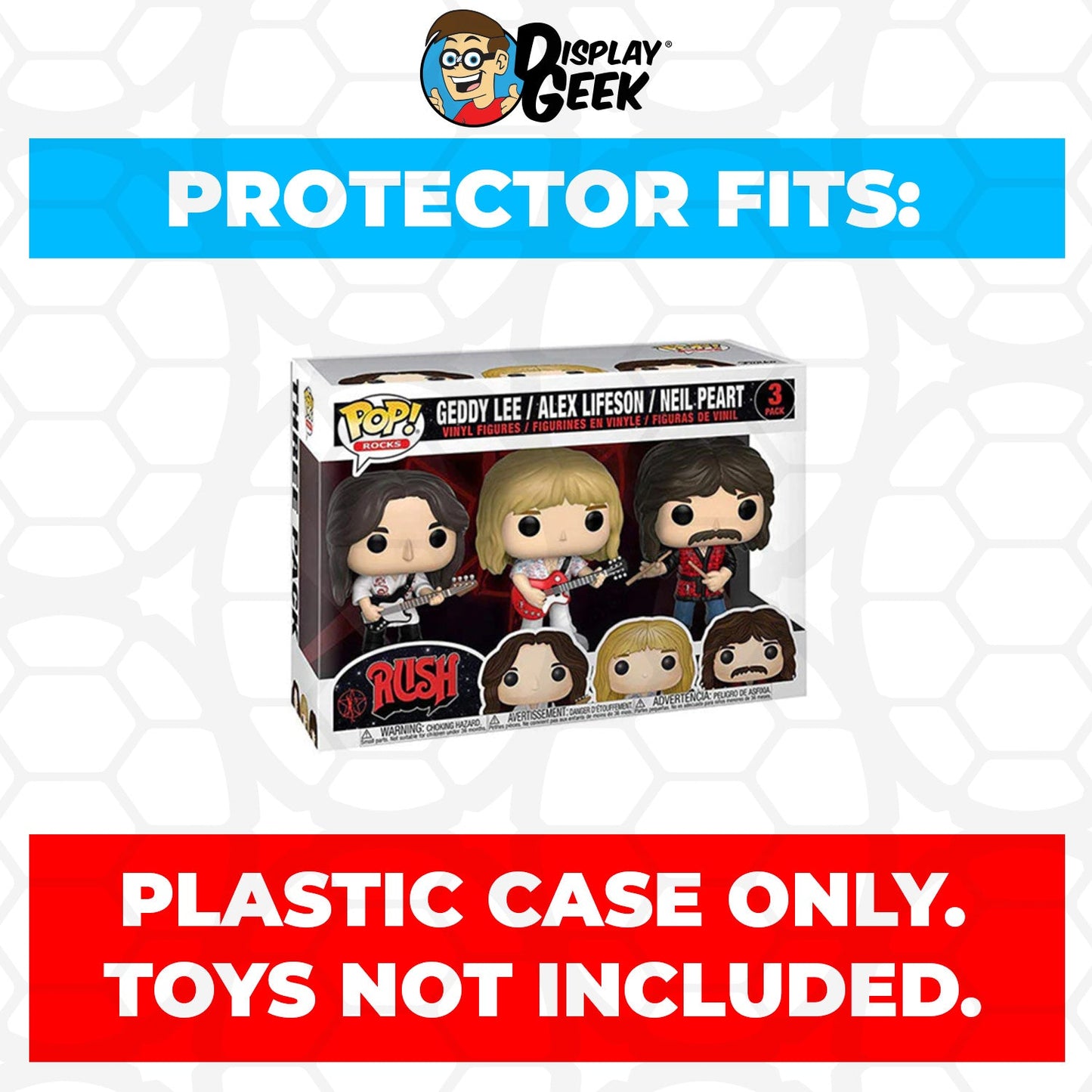 Pop Protector for 3 Pack Rush Geddy Lee, Alex Lifeson & Neil Peart Funko Pop on The Protector Guide App by Display Geek