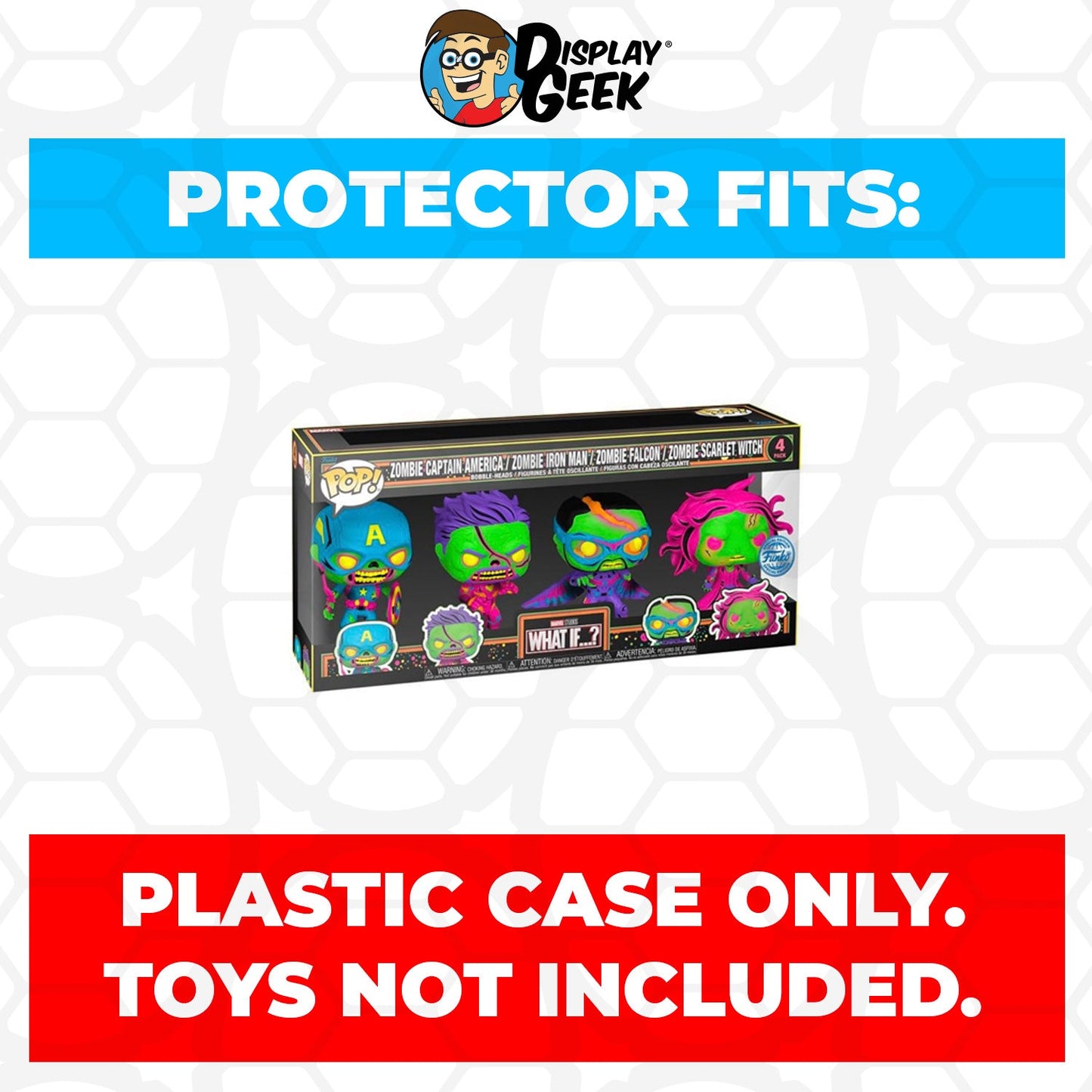 Pop Protector for 4 Pack What If...? Blacklight Zombie Captain America, Zombie Iron Man, Zombie Falcon & Zombie Scarlet Witch Funko Pop on The Protector Guide App by Display Geek